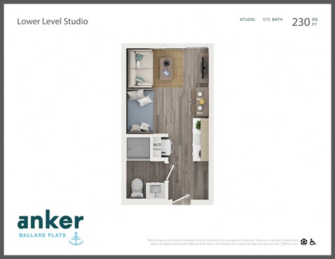 Floor plan for studio, 1 bath, 230 sqft